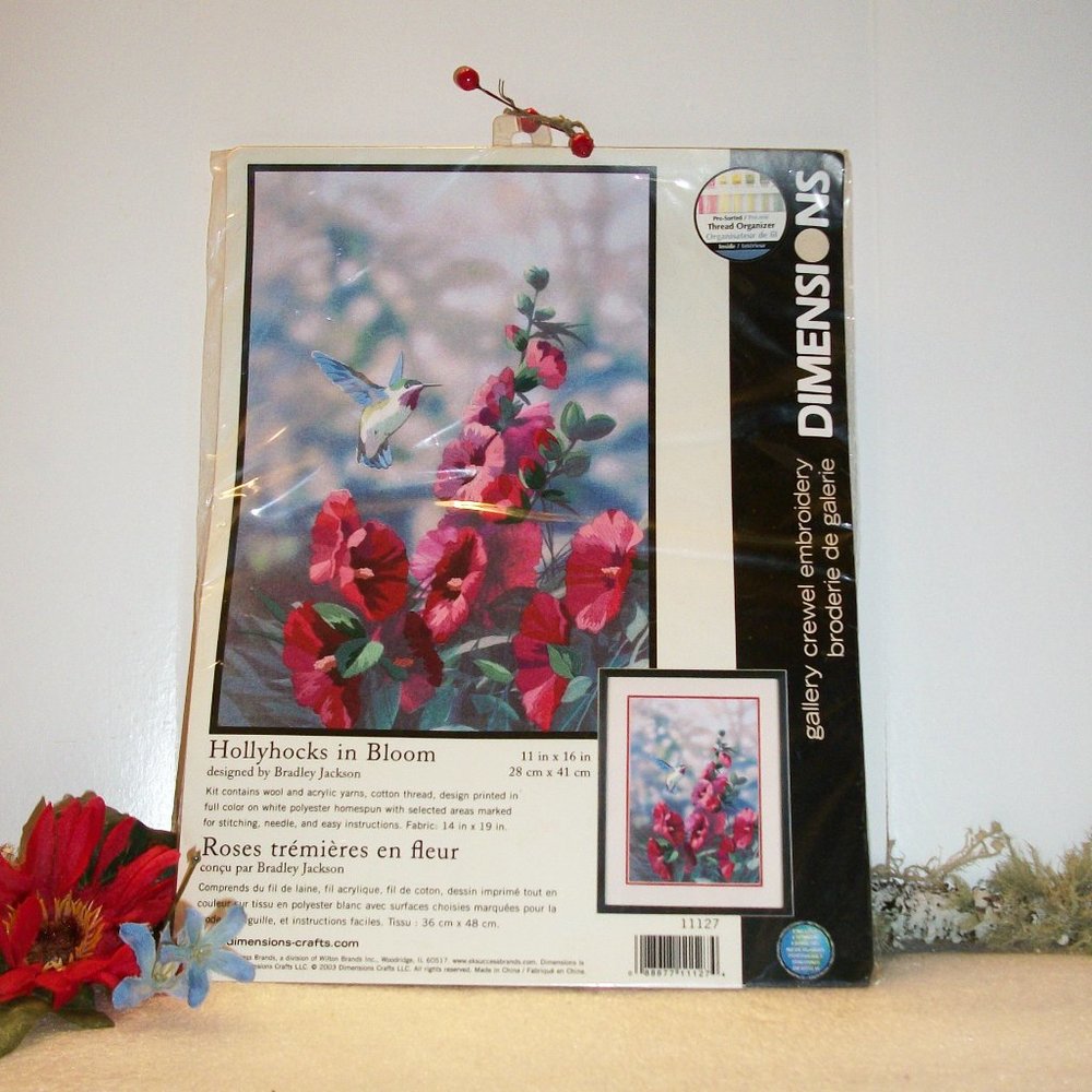 Dimensions HOLLYHOCKS IN BLOOM Crewel Embroidery Kit #11127 NIP Hummingbird